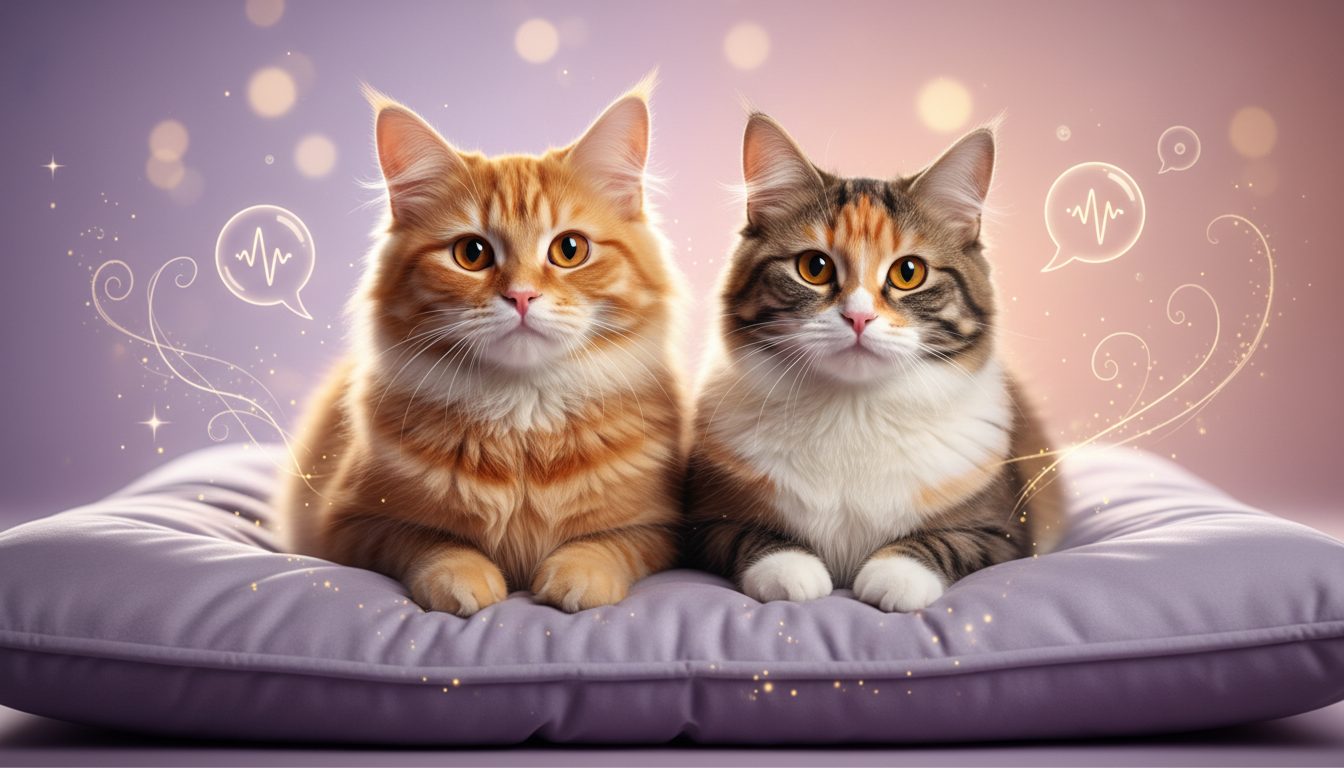 Two cats on a cushion with speech bubbles